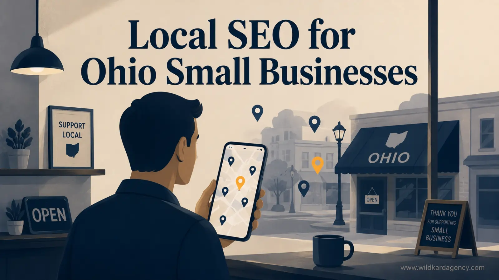 local SEO for Ohio small businesses: owner checking Google Business Profile map ranking