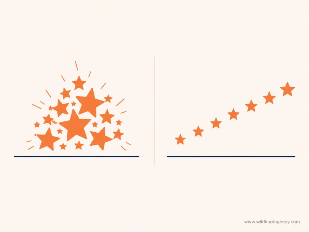infographic comparing steady recent Google reviews against a one-time review burst for local ranking