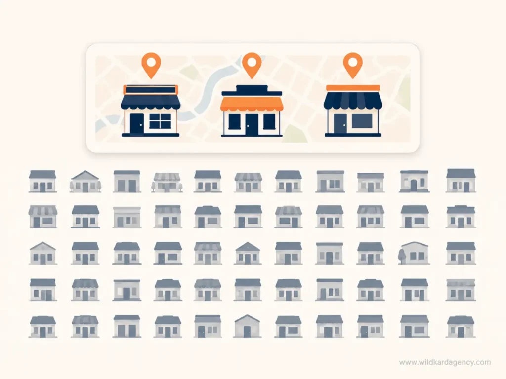 illustration of many Ohio small businesses competing for three Google local pack positions