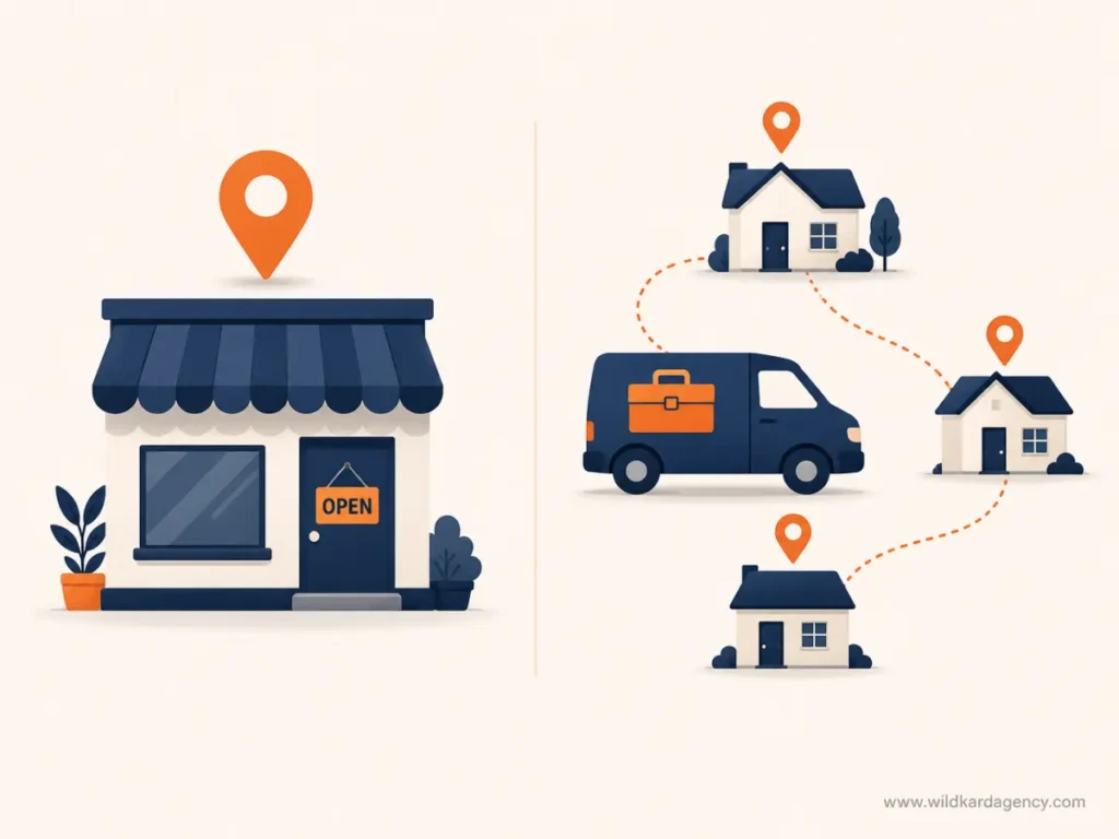 illustration comparing a storefront business and a service-area business Google Business Profile setup in Ohio